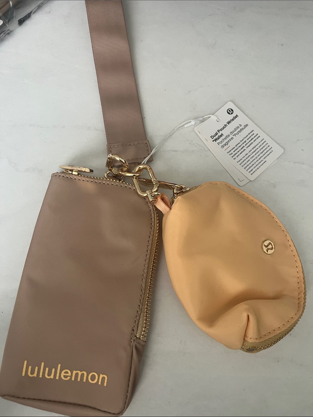 lululemon athletica Dual Pouch wallet wristlet khaki gold gdsa Logo nwt coin key